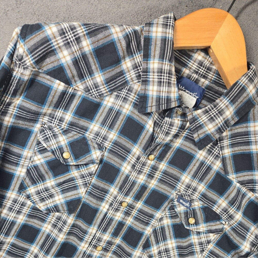 Wrangler Men's Shirt XXL Plaid Pearl Snap Black Blue Flannel Classic Fit
